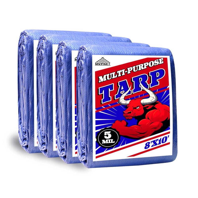 MVPNET Tarp 8x10 ft (4-Pack) 100% Waterproof Uv Resistant High Durability Multipurpose 5mil Blue Tarp for Covering Courtyards, Cars, Camping, Gardens, Pet Nests -by MVPNET - Image 1